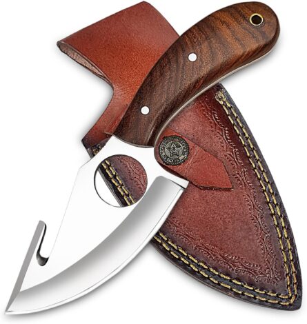 gut hook hunting knife full tang with wooden handle sheath mega blades